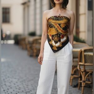 Vintage 80s Satin Silk Baroque Tassels Graphic Elegant Black and Gold Scarf 35”